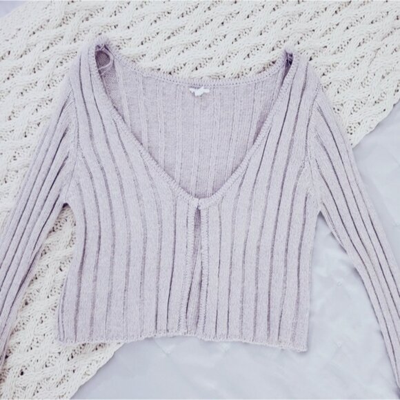 Garage Cotton Knit Ribbed Lilac Cropped Cardigan - Picture 10 of 10